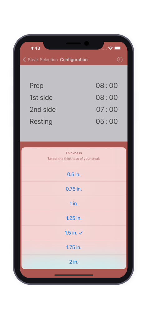Pantalla de configuración del grosor del filete mostrando tiempos de cocción