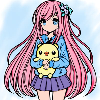 a girl with long hair holding a plushie also anime styled