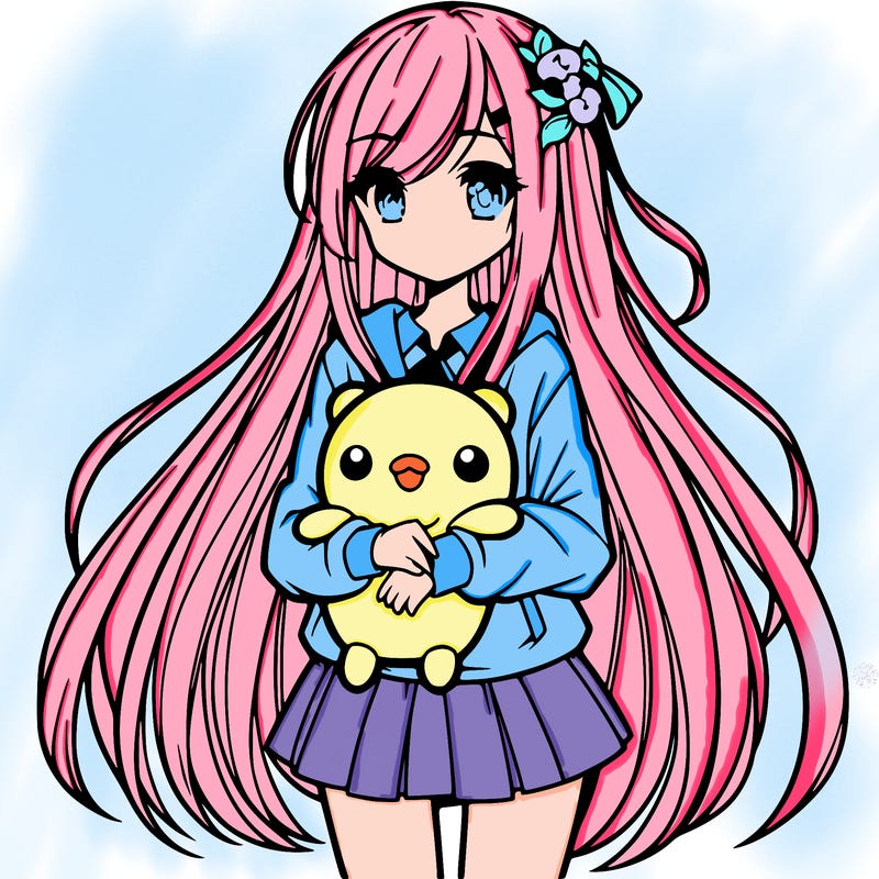 a girl with long hair holding a plushie also anime styled