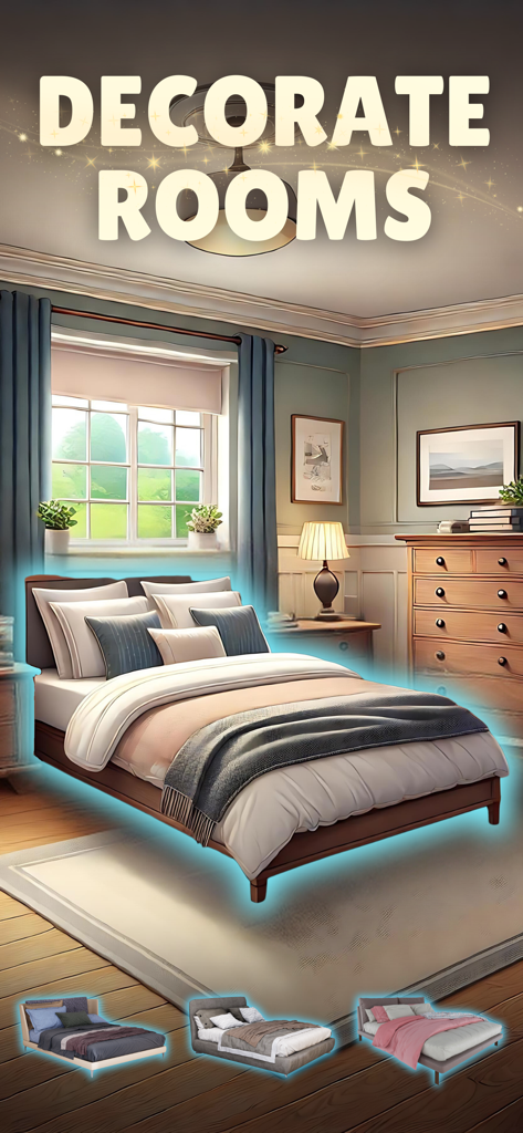 Real Estate Tycoon: Simulator - Jugabilidad de decoración de dormitorios en Magnate Inmobiliario Simulador mostrando diferentes estilos de cama