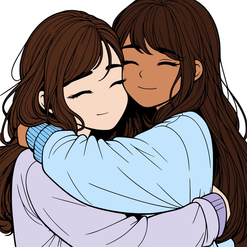 realistic two girls hugging