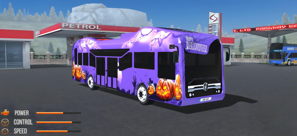 Bus Games : Driving Master 3D - A purple bus with Halloween pumpkin decals parked at a gas station in the game Driving Master 3D