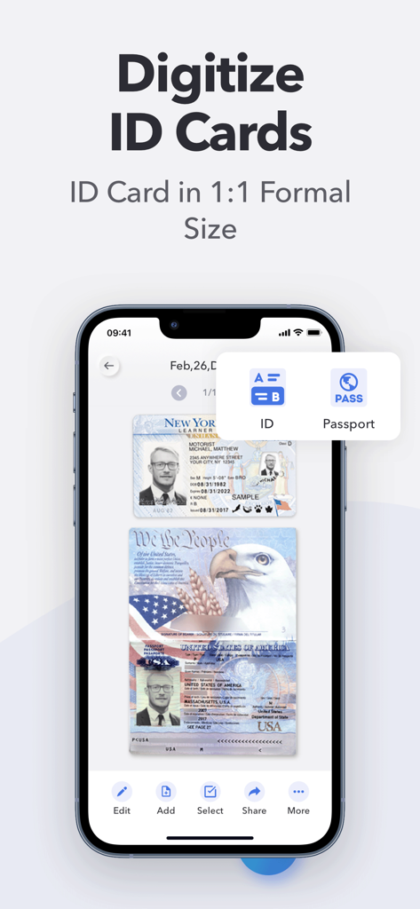 Scanner App: Scan PDF Document - Interface de smartphone mostrando o recurso de digitalização de cartões de identificação e passaportes em tamanho formal