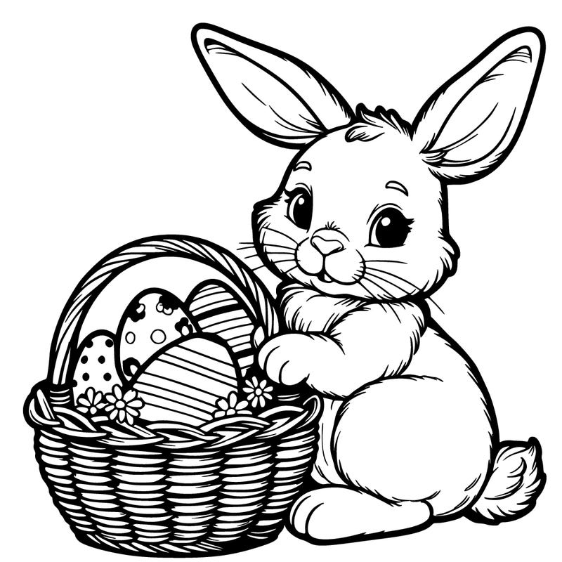 easter bunny with a basket with eggs realistic