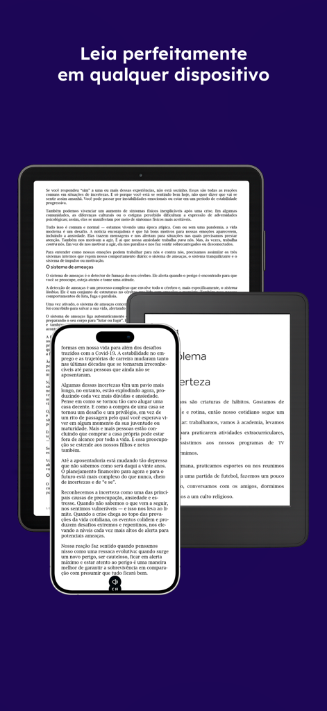 Aya Books: audiolivros, livros - La aplicación Aya Books muestra el mismo libro en un teléfono inteligente, tableta y lector de libros electrónicos.