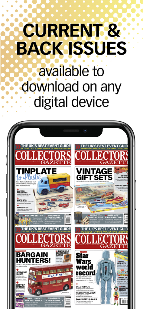Collectors Gazette - A smartphone screen displaying various digital issues of Collectors Gazette magazine featuring vintage toy collections.