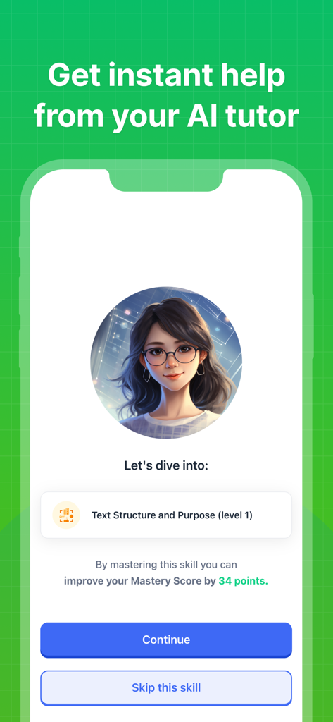 SAT® Test Prep 2026 - SAT Test Prep app screen showing AI tutor Yoko and a skill mastery lesson for Text Structure and Purpose