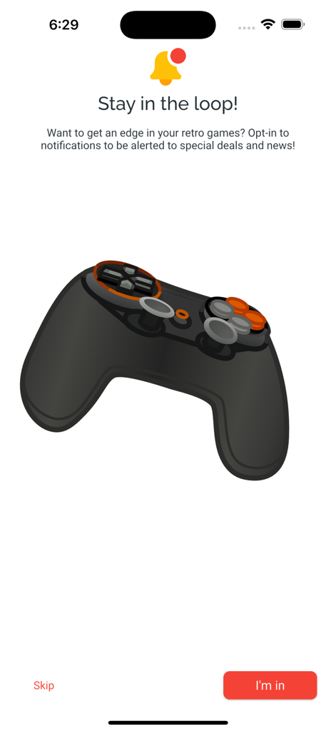 Notification opt in screen for the Retro Jakes Mobile app featuring a game controller illustration