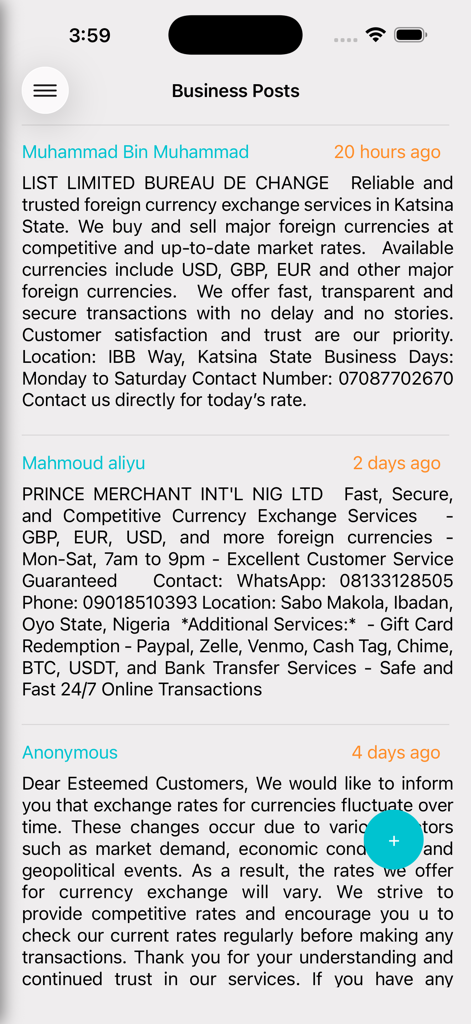 Aboki Forex Currency Converter - Business posts section showing currency exchange and bureau de change services in Nigeria