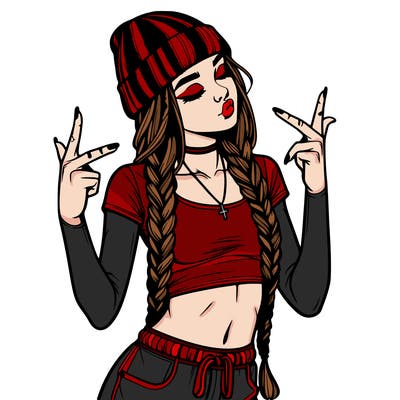 realistic teenage girl with braids and a beanie and crop top doing 🫶🏼