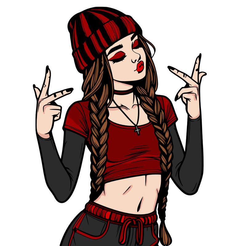 realistic teenage girl with braids and a beanie and crop top doing 🫶🏼