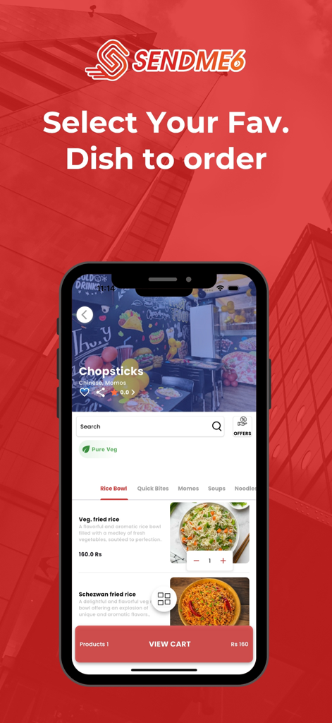 Sendme6 - Interfaz de la aplicación móvil Sendme6 para pedir comida de un menú de restaurante local