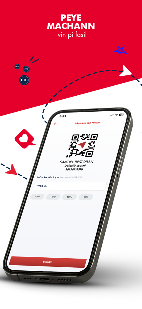 Interface de l'application MonCash montrant un code QR pour le paiement chez un commerçant dans un restaurant