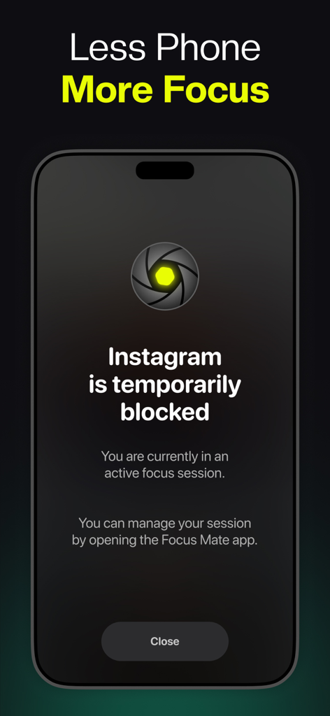 Screen Time Control: FocusMate - FocusMate app interface showing Instagram blocked during an active focus session