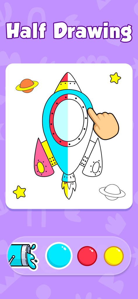 Baby Coloring book for Kids 3y - Un niño usando la función de dibujo a medias para completar un cohete colorido en la aplicación de colorear para bebés