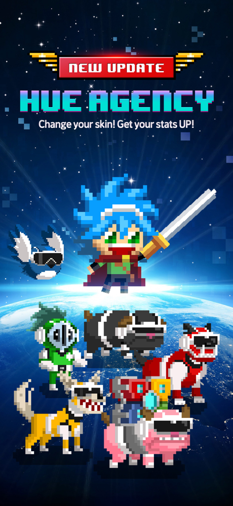 Promotional screen for Videogame Guardians showing Hue Agency update with pixel art characters and skins