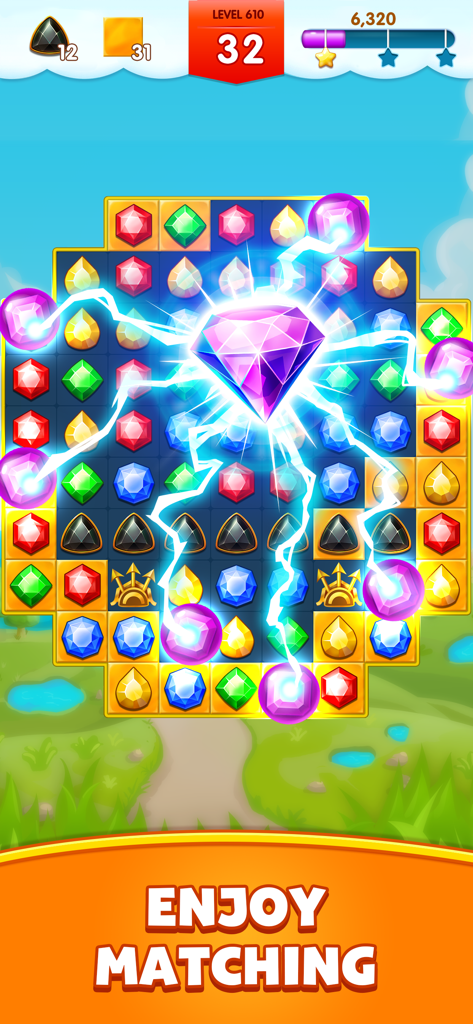 Jewel Legend - Una captura de pantalla del juego de Jewel Legend que muestra un poderoso potenciador de diamante limpiando gemas coloridas en un tablero de puzzle match-3.