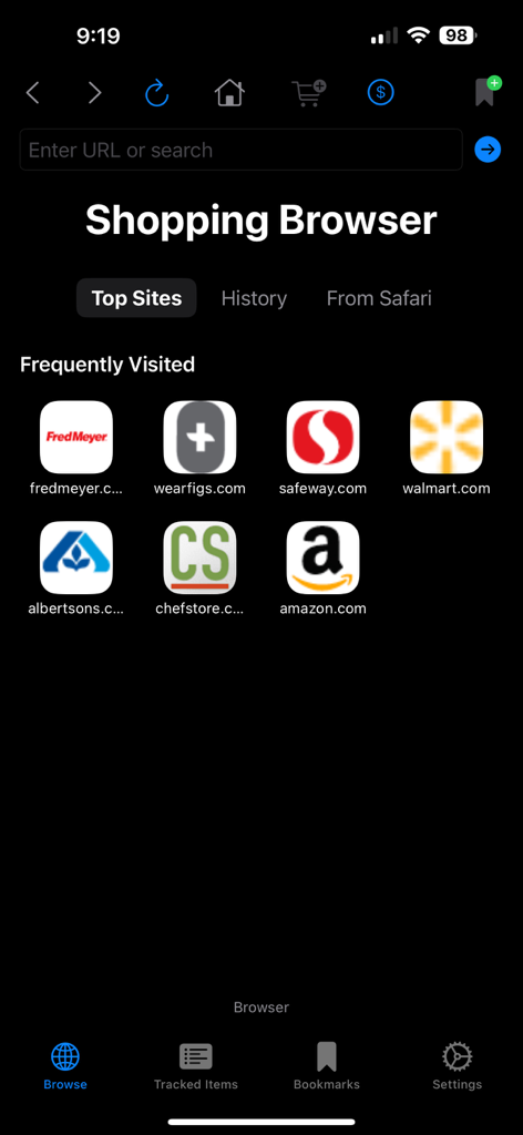 La interfaz principal del navegador de compras de la aplicación Lio que muestra sitios web minoristas visitados con frecuencia como Amazon y Walmart