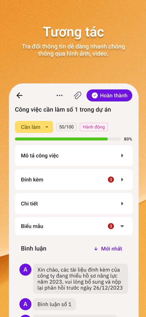 Interface móvel do aplicativo Supa mostrando detalhes de gerenciamento de tarefas com barra de progresso e comentários de usuários para colaboração em equipe