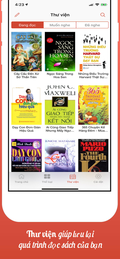 A digital library interface within a Vietnamese ebook reader app showing various book covers and reading progress categories