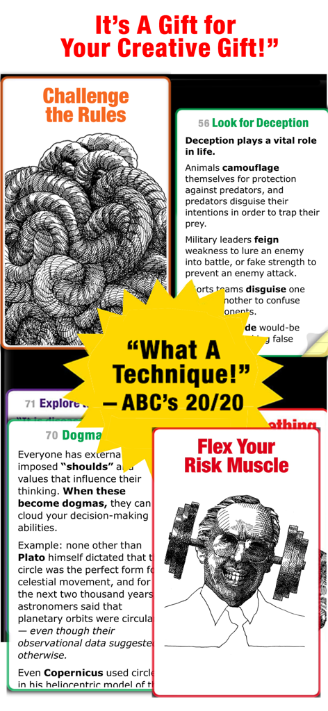 Creative Whack Pack - Creative Whack Pack app interface showing various creative strategy cards and a professional testimonial