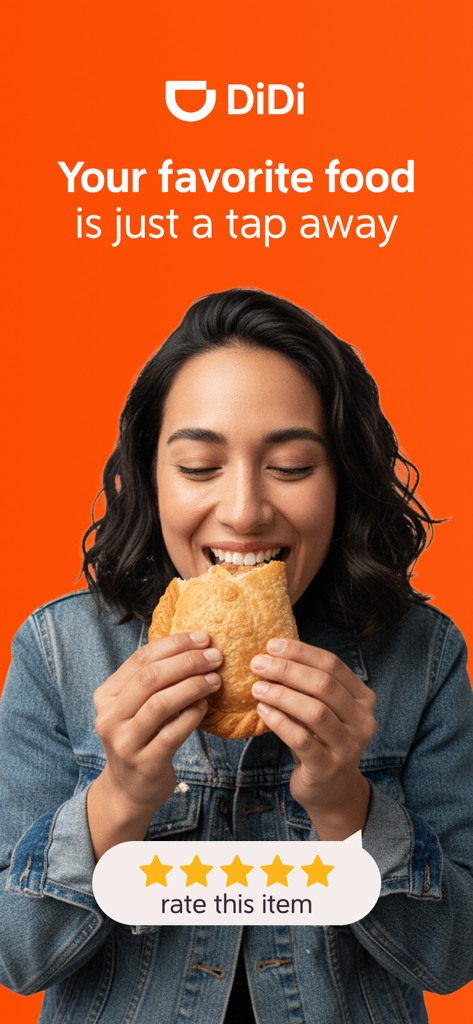 DiDi Food - Food Delivery - A happy woman eating an empanada with the DiDi Food logo and delivery slogan