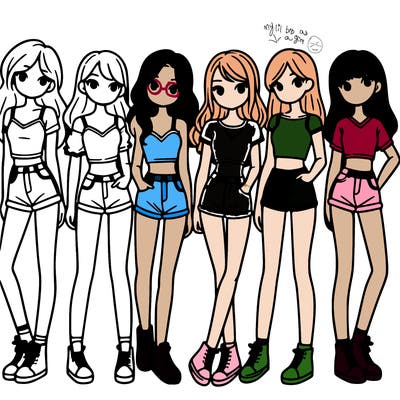 a group of girls wearing crop tops and shorts