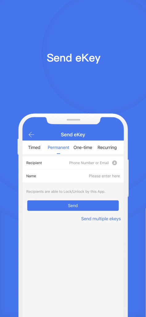 Interface of the TTLock app showing the Send eKey screen with options for timed, permanent, one-time, and recurring access.