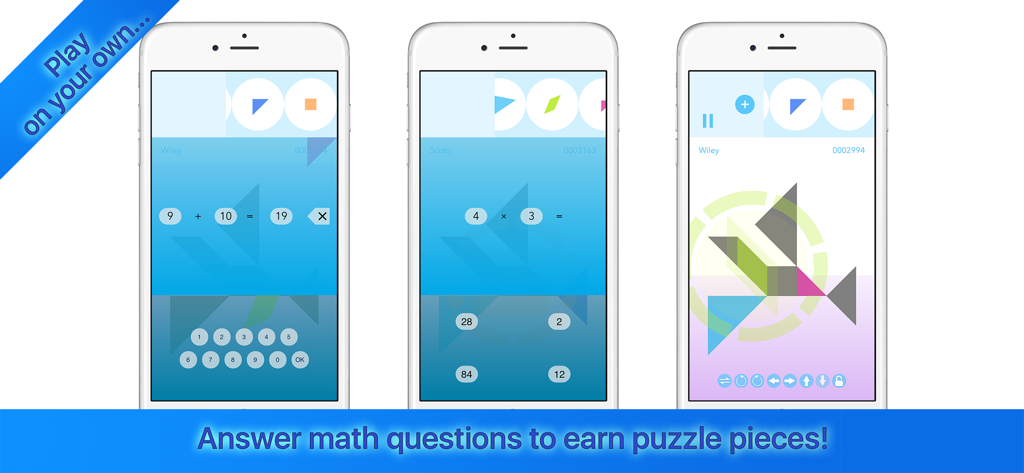 Classroom Math Drills - Três ecrãs de telemóvel mostrando problemas de adição e multiplicação de matemática e um puzzle tangram concluído na aplicação Exercícios de Matemática na Sala de Aula.