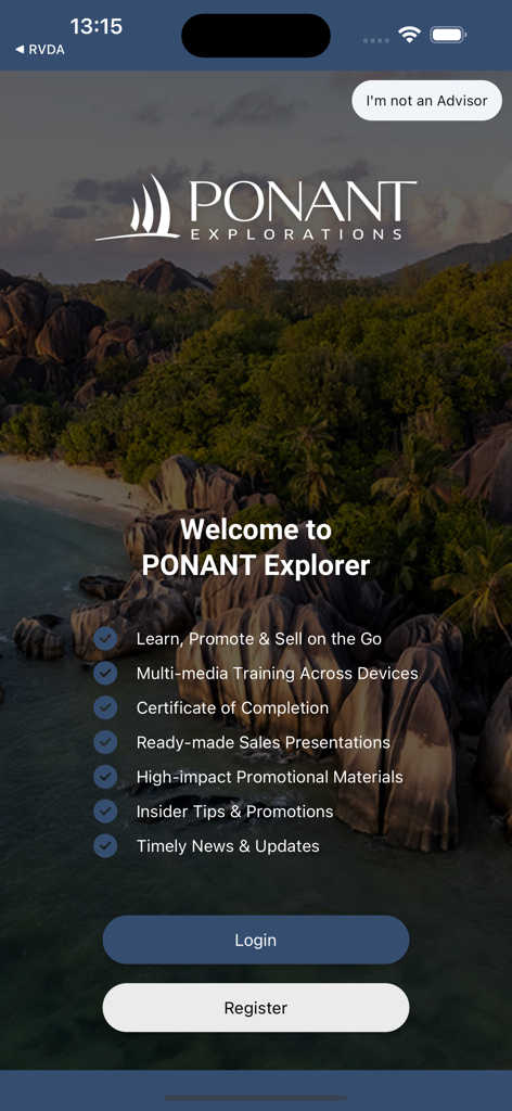 PONANT Explorer - Welcome screen of the PONANT Explorer app for travel advisors featuring training and sales tools.