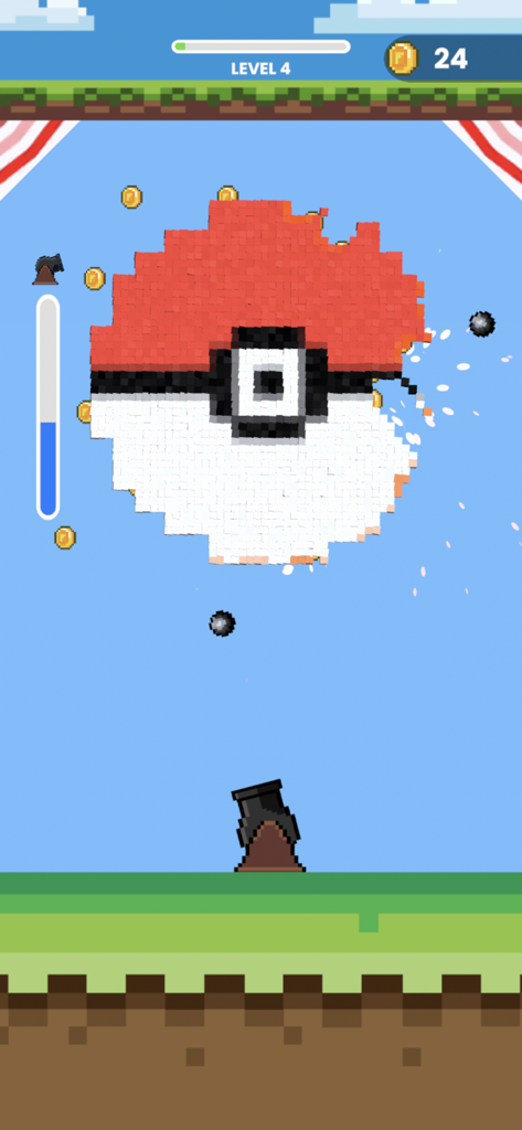 Eine Kanone feuert Kugeln ab, um eine rot-weiße Pixel-Art-Blockstruktur in Cannon Crusher zu zerstören