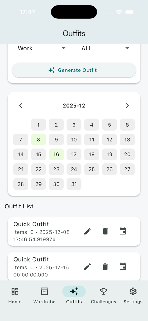 SmartCart app interface showing outfit scheduling calendar and quick outfit list