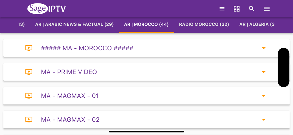Playlist editor & IPTV Player - SageIPTV app displaying a list of Moroccan television channels in a playlist view