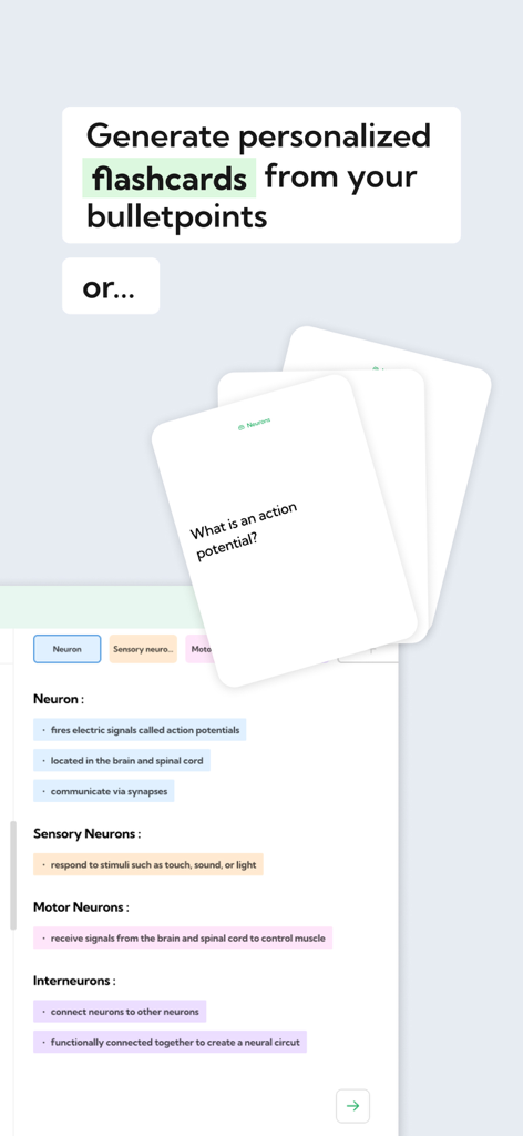 Bulletpoint - Digital flashcards being generated from highlighted study notes about neurons in the Bulletpoint app