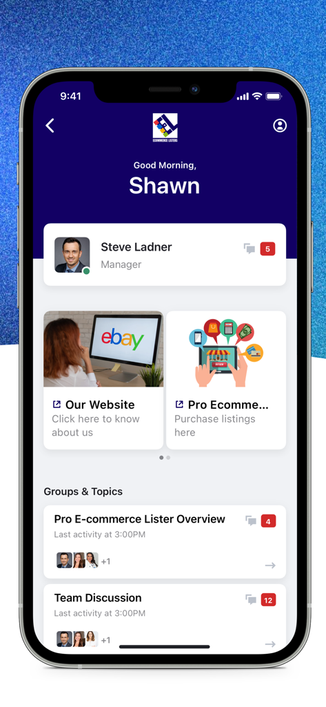 EcommerceListers - EcommerceListers mobile app dashboard showing team communication and e-commerce listing management tools