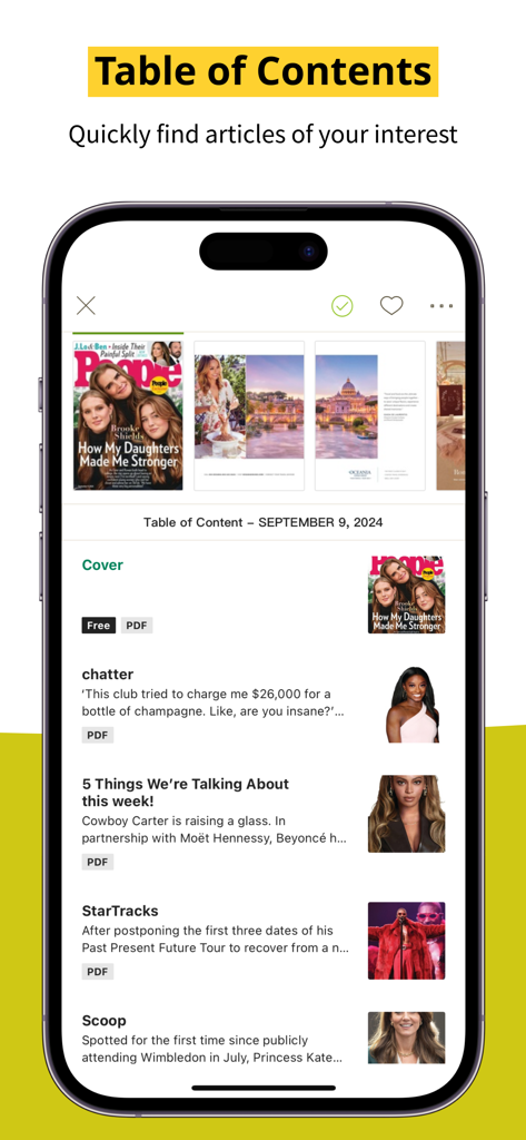 Table of contents screen in the Kono Digital Magazines app showing a list of articles with thumbnails.