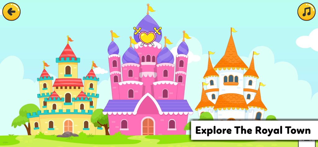 Tizi Town - Dream Castle House - Three colorful cartoon castles in a bright green field with blue sky
