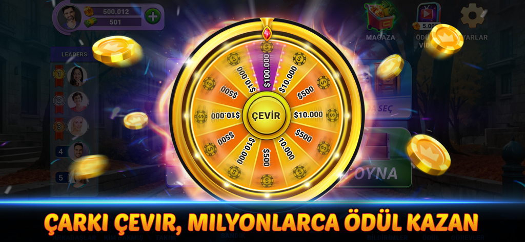 101 Okey Club - Yüzbir Okey - A golden prize wheel in the 101 Okey Club app showing various cash rewards and gold coins
