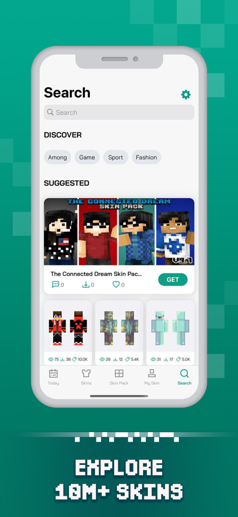 Skins for Minecraft + Skinseed - Interface de busca do aplicativo de skins do Minecraft mostrando pacotes de skins sugeridos e categorias de descoberta de personagens.