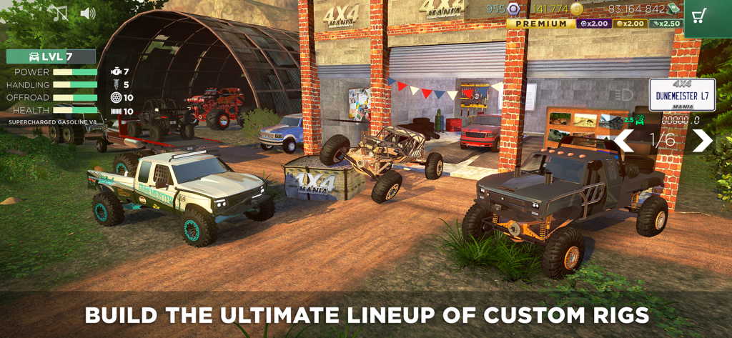 4x4 Mania - A lineup of customized off-road trucks and 4x4 rigs in a garage setting