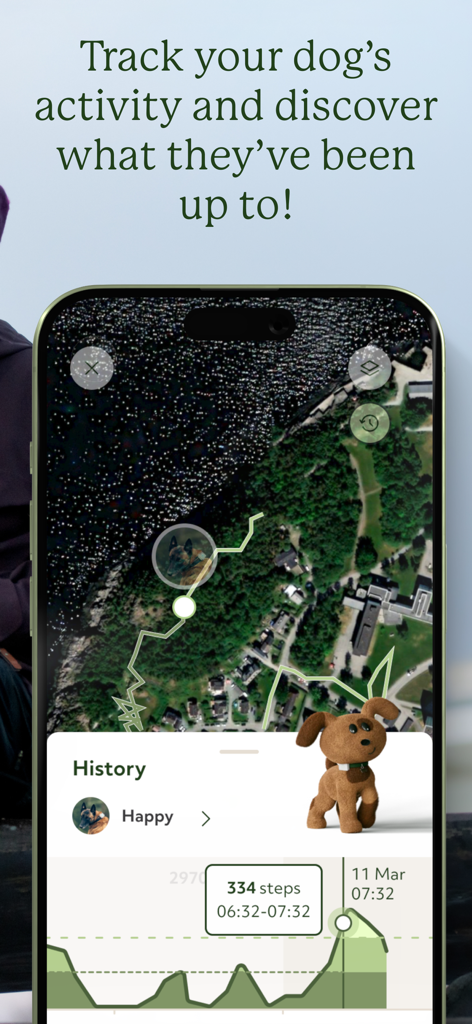 Lildog - Lildog mobile app interface showing a dog's movement path on a satellite map and a step count activity graph.