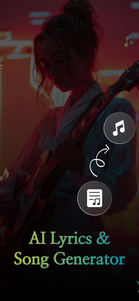 AI Lyrics & Song Generator - Pantalla de introducción de la aplicación Generador de Letras y Canciones con IA que muestra a una mujer tocando la guitarra con íconos de música