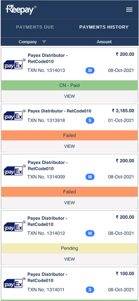 FreePay Mobile App Zahlungsverlauf-Bildschirm, der Transaktionsdetails und Status anzeigt.