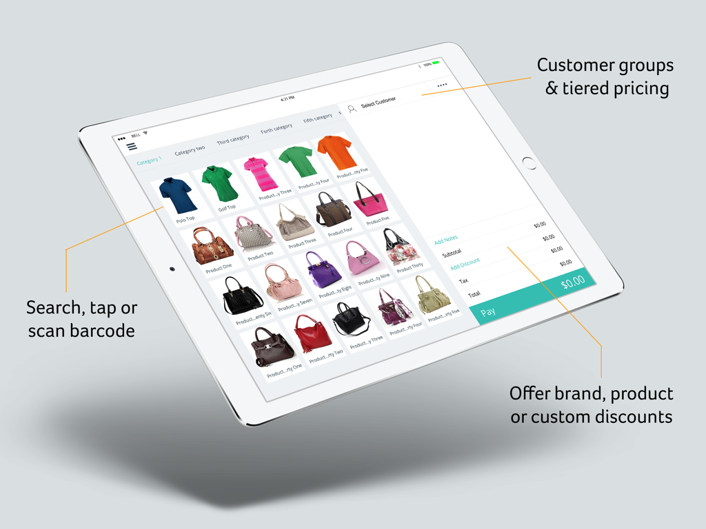 Hike POS Register iPad interface showing product catalog and checkout features