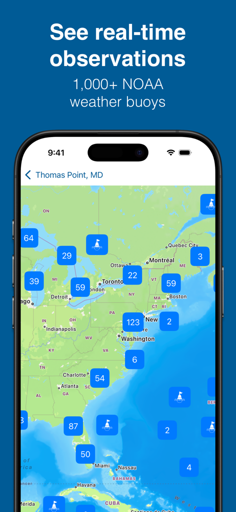 A map of the United States displaying real-time weather buoy data from NOAA within the Buoycast app.