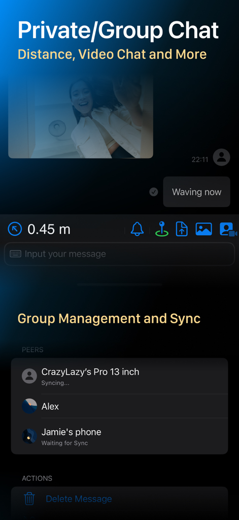 SynapNet - Offline Messenger - Interface of the SynapNet app showing private video chat and peer group management features