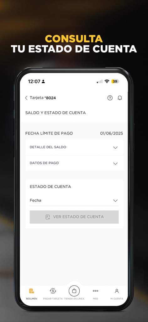 El Palacio de Hierro - 신용카드 잔액 및 계정 명세서 세부 정보가 표시된 Mi Palacio 앱 인터페이스