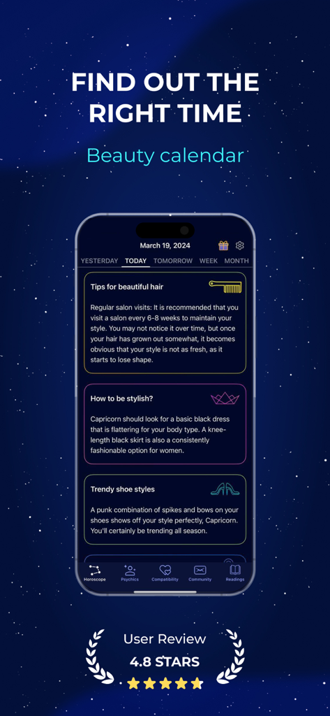 Nebula astrology app interface showing a beauty calendar with personalized zodiac style and hair tips