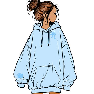 realistic girl with a oversized sweatshirt on and a bun
