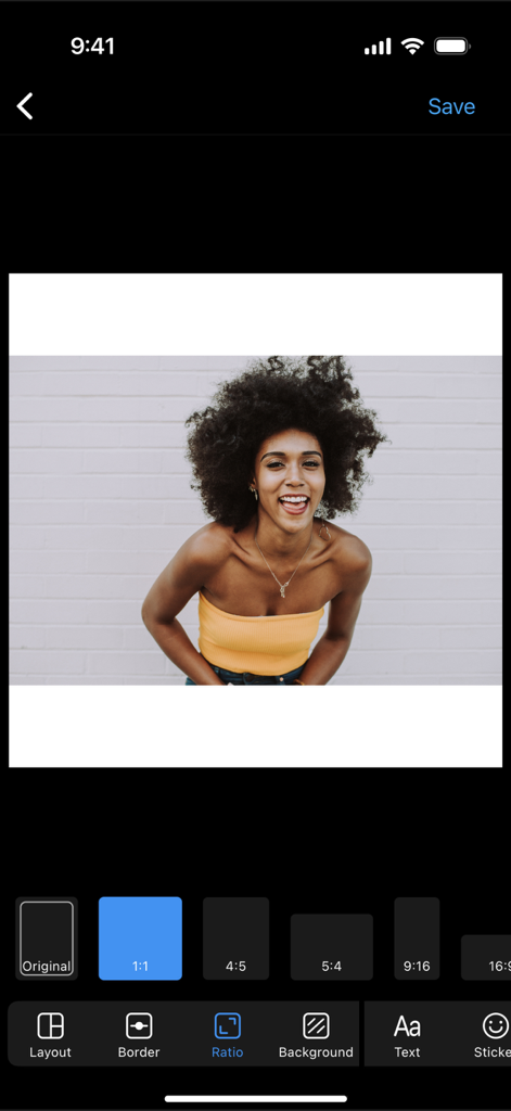 Interfaccia dell'app Layout per Instagram che mostra le opzioni di rapporto d'aspetto per l'editing fotografico